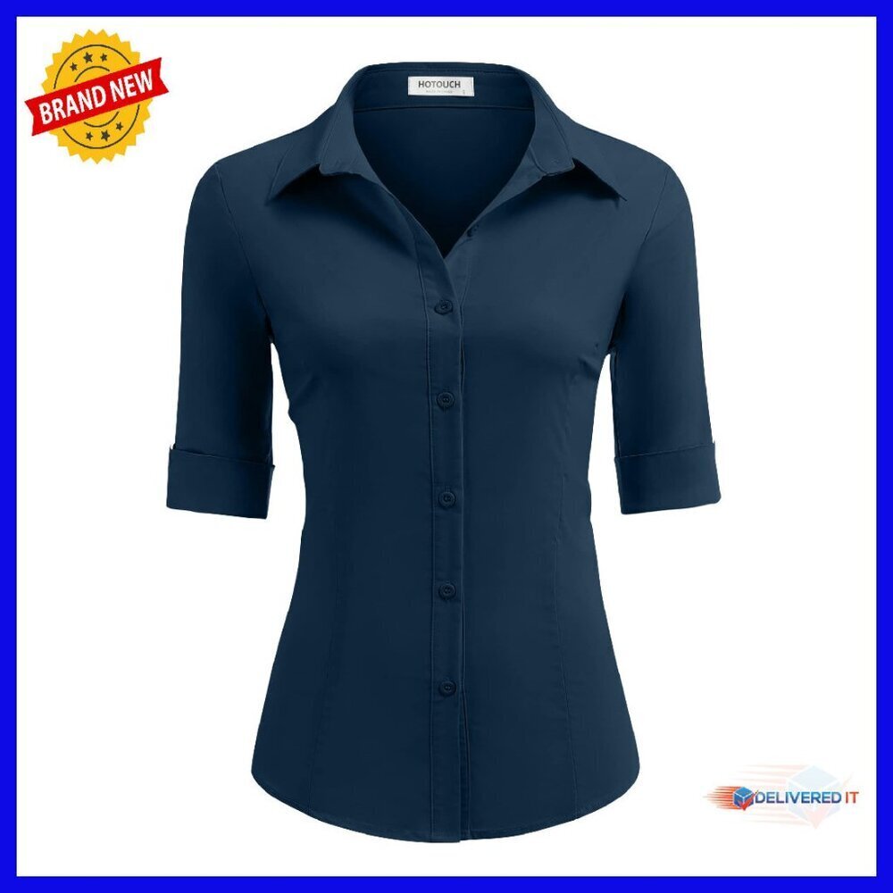 Slim Fit 3/4 Sleeve Button Down Shirt Stretch Cotton Work Blouse